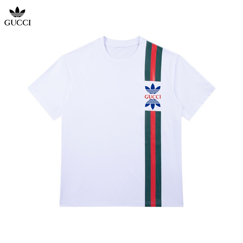 GUCCI ADIDAS Adidasgucci Clover Unisex 24 แฟชั่น Collaboration เสื้อยืดคู่ผ้าฝ้ายถักครึ่งแขนเสื้อ