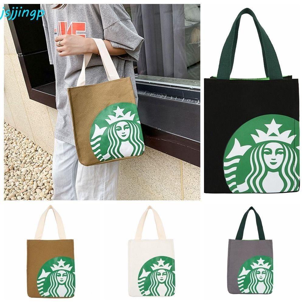 Jsjjingp Starbucks กระเป๋าผ้าแคนวาส กระเป๋าถือ กระเป๋าใส่กล่องอาหารกลางวัน พิมพ์ลาย สไตล์เกาหลี สําหรับผู้หญิง
