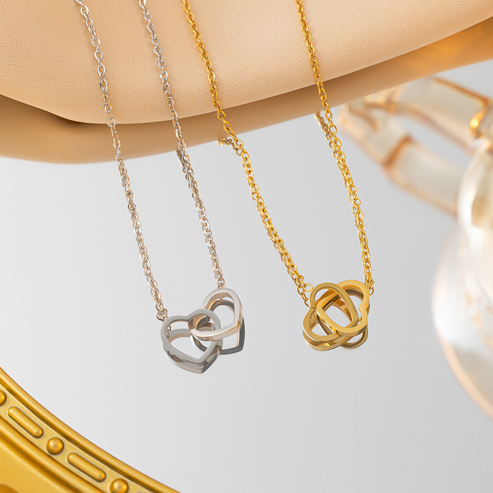 Yinuovo Interlock heart สร้อยคอสแตนเลสสีทองกันน้ําไม่เปลี่ยนสีสร้อยคอจี้หัวใจคู่สําหรับผู้หญิง ของขวัญ