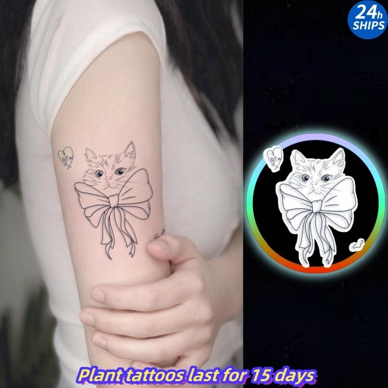 ลายแมวสักสาวน ่ ารักแขนพืชสักกันน ้ ําสักสติกเกอร ์ รอยสักยาวนาน 15 วันรอยสักปลอมชั ่ วคราว