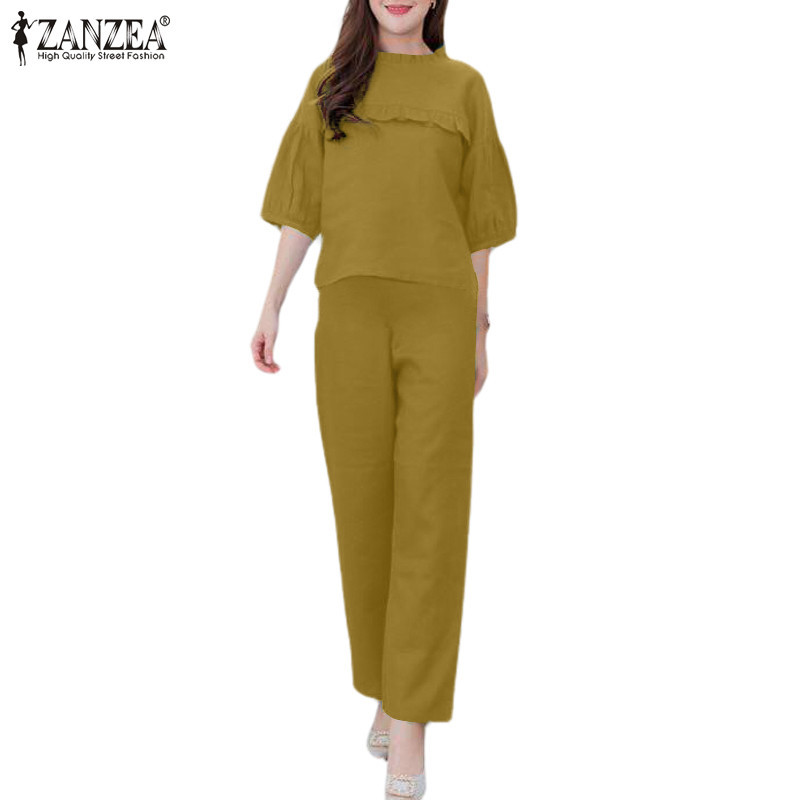 Zanzea ผู ้ หญิงเกาหลี Casual Stand-Up Collar โคมไฟแขน Elasticated Waistband Tops กางเกง