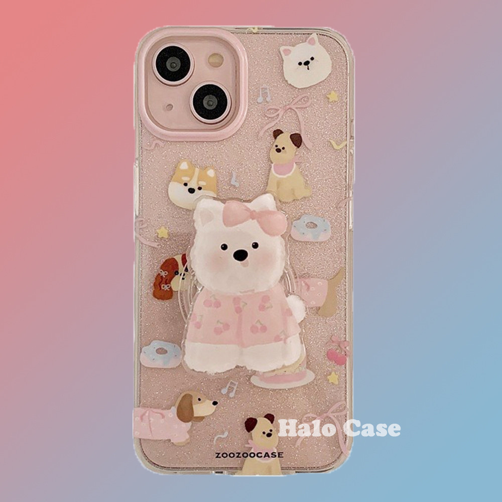 Halo - Love Case For iPhone 15 14 13 12 Mini 11 Pro Max XS Max XR X 8 7 6 6s Plus SE Glitter Double Layer วัสดุ IMD Bow Cherry Puppy ที่วางโทรศัพท์ Bow Puppy Anti-Falling โทรศัพท์มือถือป้องกันกรณีโทรศัพท์มือถือกรณีป้องกัน