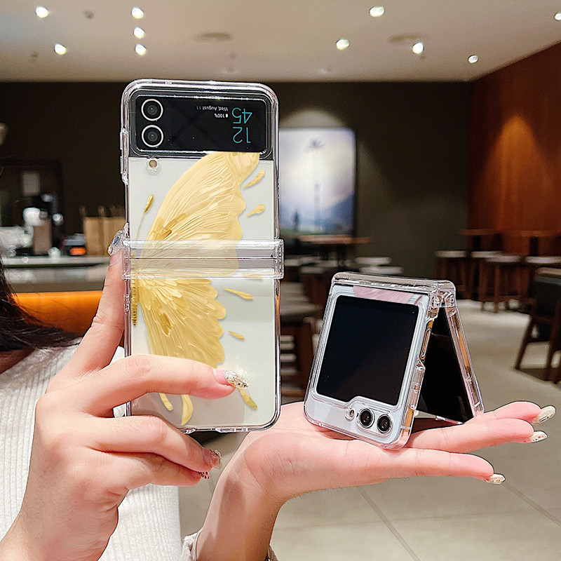 เหมาะสําหรับ Samsung Galaxy ZFlip3 ZFlip4 ZFlip5 สีครึ ่ งผีเสื ้ อสามในหนึ ่ งครึ ่ งโปร ่ งใส Samsung พับเคสโทรศัพท ์