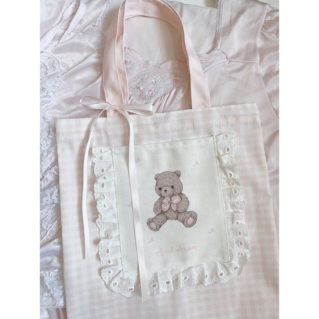 Girldream Original Design Bear กระเป ๋ าถือลูกไม ้ ลูกไม ้ สีชมพูสาวผ ้ าใบกระเป ๋ าน ่ ารักกระเป ๋ าสะพาย