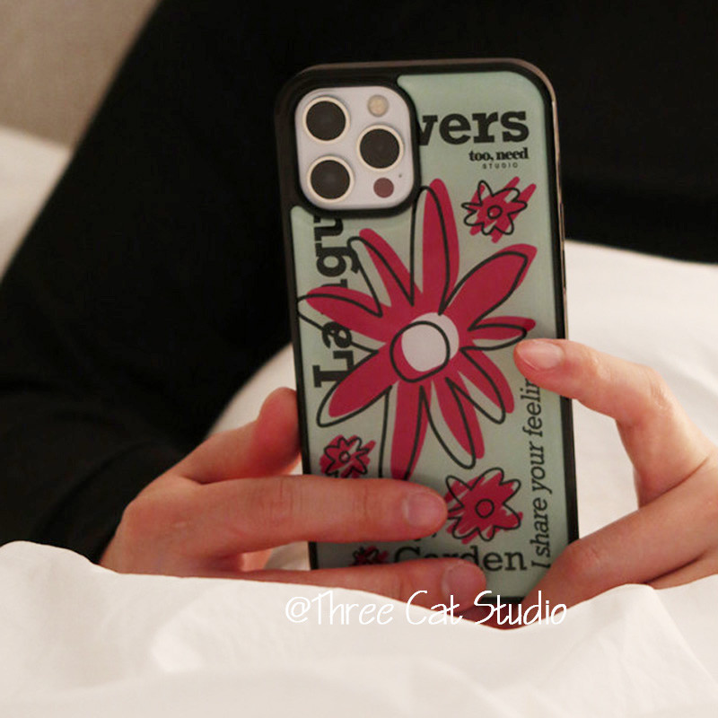 เกาหลี ins บุคลิกภาพ Graffiti ดอกไม ้ รูปแบบโทรศัพท ์ สําหรับ iphone15pro/14promax/13/12/11/xsmax กรณี XR ฝาครอบขอบสีดํา