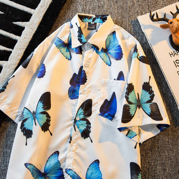 เสื้อฮาวายวินเทจ เสื้อฮาวายไซส์ใหญ่ HPCP ฤดูร้อนใหม่ฮาวายดอกไม้เสื้อผู้ชายที่มีคุณภาพสูง ins, พิมพ์ผีเสื้อ, น้ําเสื้อคู่หลวม