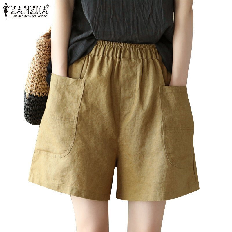 Zanzea กางเกงขาสั ้ นกระเป ๋ าด ้ านข ้ างเอวยางยืดเกาหลีสีทึบ