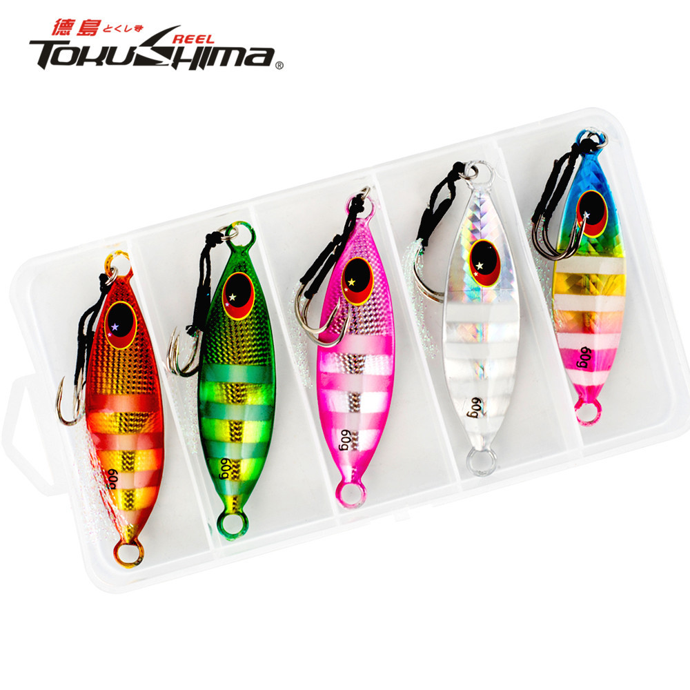 5 ชิ้น/กล่อง 10-60g ตกปลา Lure เรืองแสงโลหะช้า Jig แนวตั้ง Jigging ประดิษฐ์หล่อ Lure 3D ตาเหยื่อตกปลา 5-8.5 ซม.ตกปลา Trolling Lure กับ Assist Hook
