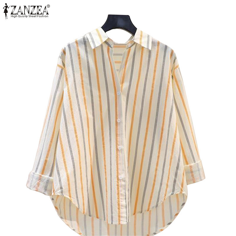 Zanzea เสื ้ อเชิ ้ ตพิมพ ์ ลายแขนยาวลายทางลําลองสําหรับผู ้ หญิงเกาหลีทุกวัน
