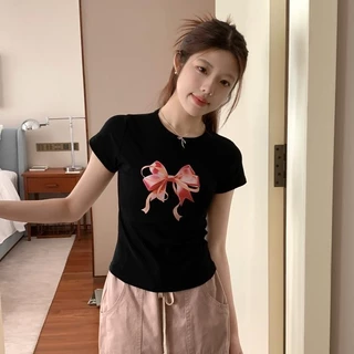 Beryl🌻เสื้อยืดแขนสั้นสไตล์เกาหลีหวานสำหรับผู้หญิง พิมพ์โบว์