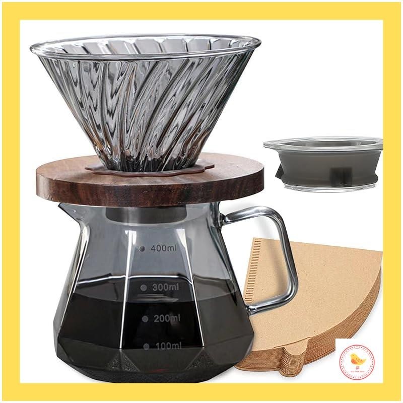 【Japan】ESTVLB Coffee Server Heat-resistant Glass Wooden Holder Coffee Dripper 400ml with Scale for 1-2 People Coffee Drip Tool Microwave Safe with Lid Glass Handle Hand Drip Coffee Server Coffee Drip Set for Cafe and Coffee Shops
