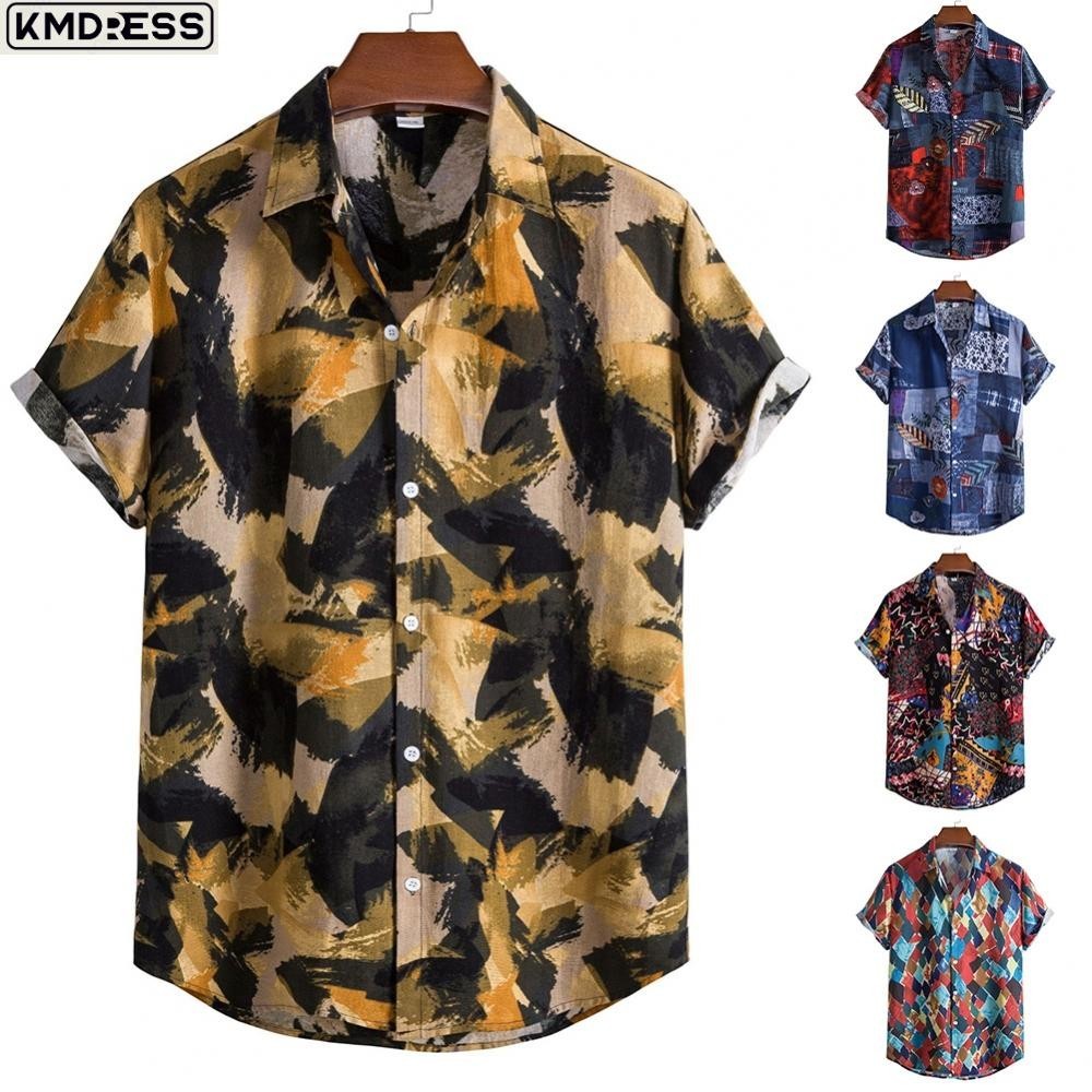 [KMDRESS]Men Casual Vintage Bowling Shirt Hawaiian Print Short Sleeve Lapel Shirts Blouse