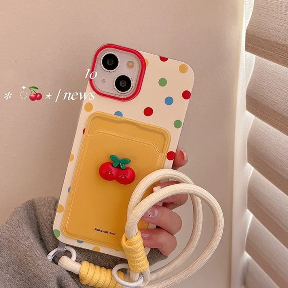 Ins Rainbow 3D Cherry ของเล่นมือ Lanyard กระเป๋าสตางค์ช่องใส่การ์ดสําหรับ IPhone 11 กรณี IPhone 14 Pro Max 12 13 15 Pro Max กันกระแทกนุ่ม TPU ฝาหลัง
