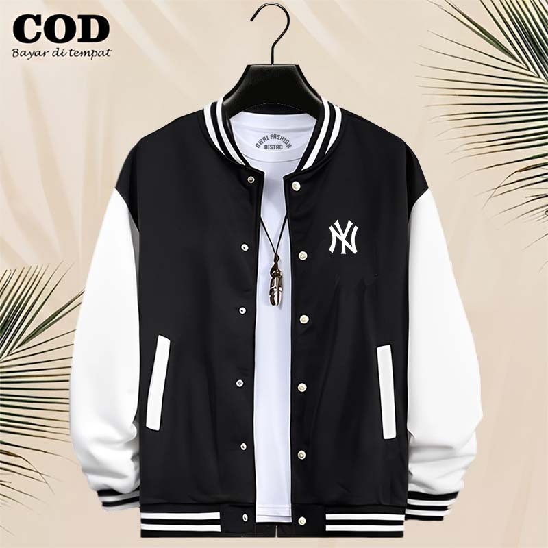 NY ข้อความปุ่มสีขาว Varsity Baseball Bomber Jacket Mens Varsity Jacket / Mens Distro Baseball / เสื้อสเวตเตอร์คุณภาพพรีเมี่ยม / เสื้อแจ็คเก็ตเบสบอลชายและหญิง Distro