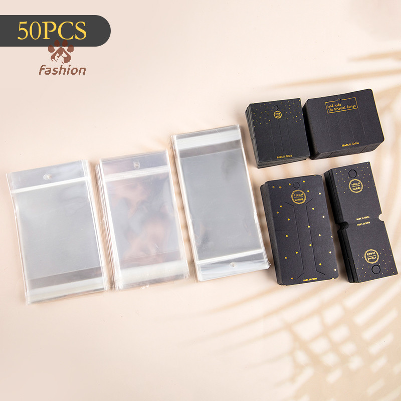 [แฟชั่น] 50ชิ้นคอลเลกชันตัวอักษรทองบนสีดําพื้นหลังกระดาษการ์ดอุปกรณ์ผมทิ้งบัตร ทําเอง กิ๊บแฮนด์เมด ชม. วงการบิน แท็กเครื่องประดับการ์ดจับคู่โปร่งใส การบรรจุ