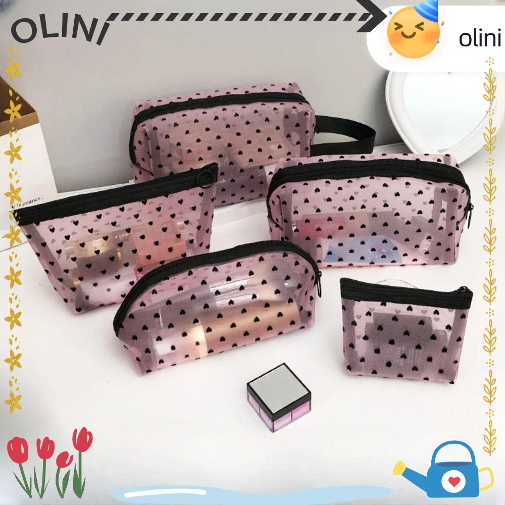 โอลินี ตาข่ายกระเป๋าเครื่องสําอาง,กระเป๋าแต่งหน้ารูปหัวใจถุงเก็บ,ลิปสติกที่สําคัญหูฟังออแกไนเซอร์ไนล่อนถุงแป้ง