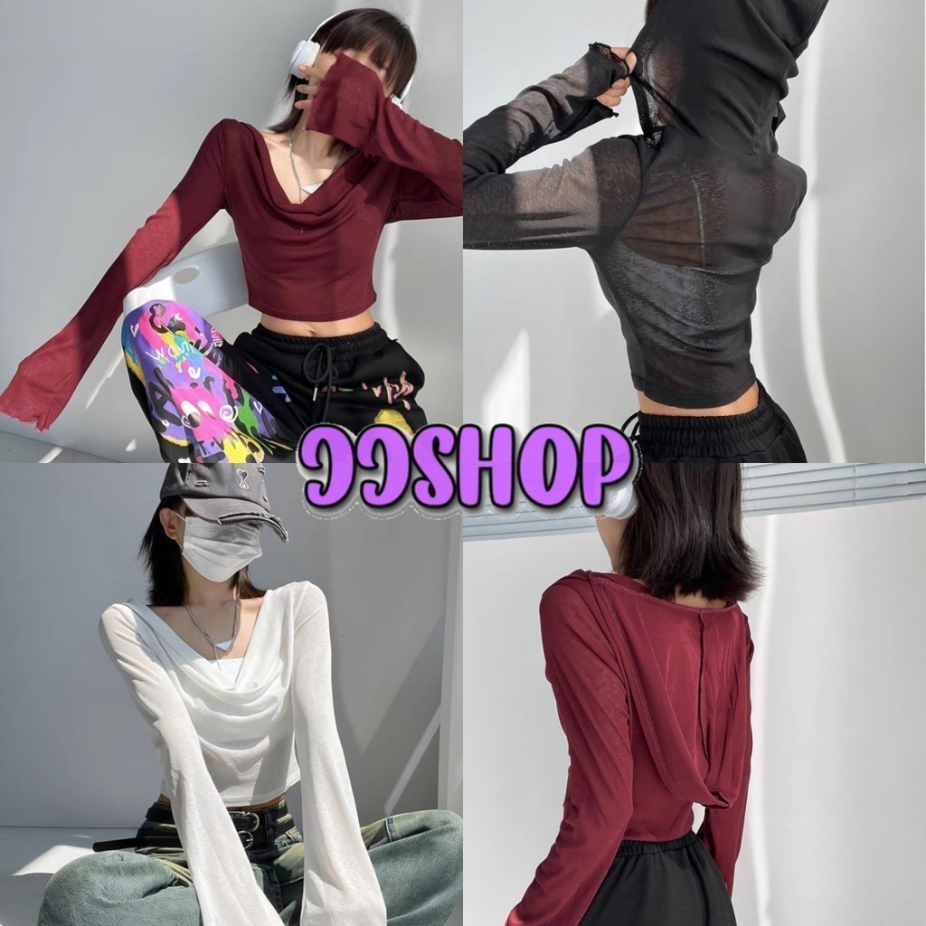 JJ Shop​ ​พร้อมส่ง เสื้อคลุม แขนยาว ซีทรูเบาบาง น่ารักมาก มีฮูด สีพื้น "V078"