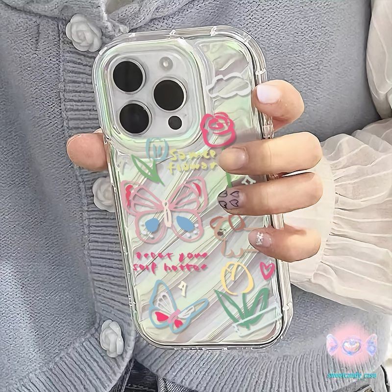Candy-ผีเสื้อดอกไม้รูปแบบโทรศัพท์มือถือกรณีใช้งานร่วมกับiPhone14 11 12 13 15 Pro Max X XR XS Max 6 7 8 14 15 Plus cover