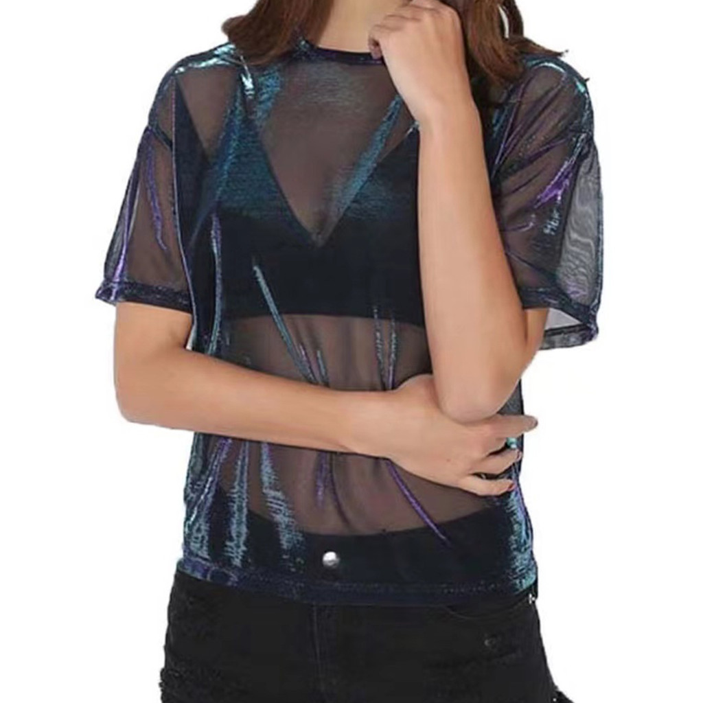 เสื้อยืดซีทรูผู้หญิงลายตัวอักษรแฟชั่น