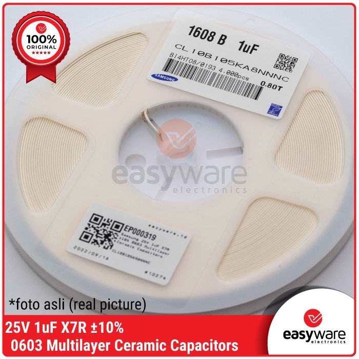 DC99 20 ชิ้น Samsung SMD Capacitor 1uF ±10% 25V X7R 0603 MLCC CL10B105KA8NNNC