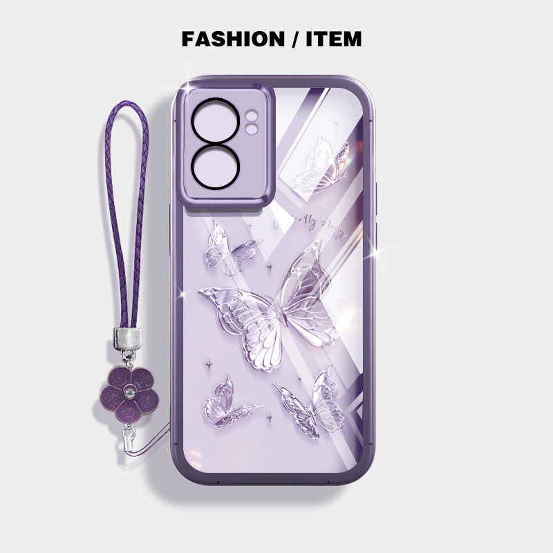 ผีเสื้อหรูหรากันกระแทกกรณีoppo A57 A77 2022 4G 5G A57E A57S A77S 4G Realme V23 Q5i Narzo 50 5Gปลอกโปร่งใสฝาครอบป้องกันด้วยเชือกแขวนดอกไม้