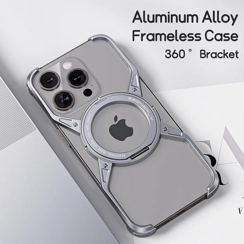 เคสโทรศัพท์ไร้กรอบโลหะผสมโลหะแม่เหล็กสําหรับ iPhone 16 14 13 15 Pro Max พร้อม 360° ขาตั้งฝาครอบโลหะกันกระแทกป้องกันการตก