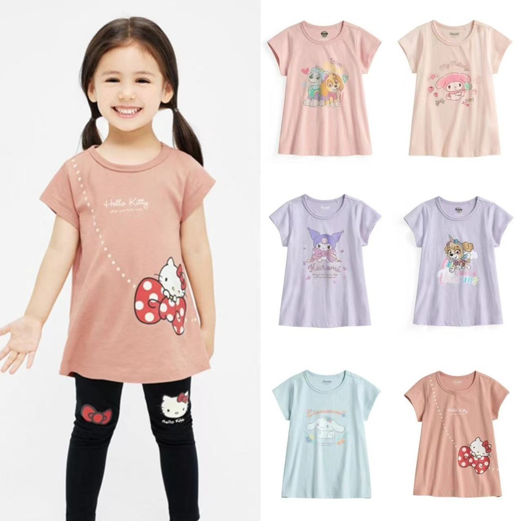 เด็กเสื้อผ้าเด็กหญิงแขนสั้นเสื้อยืดสไตล์ญี่ปุ่นพันสนุกสไตล์ใหม่สาวแขนสั้นเสื้อยืดผ้าฝ้ายแท้เด็กสาวไหล่ผ้ากอซ