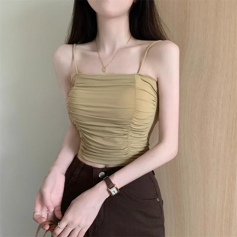 เสื้อกั๊กจีบ ผ้าครึ่งตัวสีทึบ นุ่ม สวมใส่สบาย เสื้อกั๊กทรงเข้ารูปสำหรับผู้หญิง