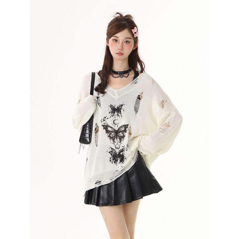 Jk Graffiti Butterfly Hollow-out เสื้อยืดแขนยาวผู้หญิงฤดูร้อนหลวม Chic All-Match ถักเสื้อ