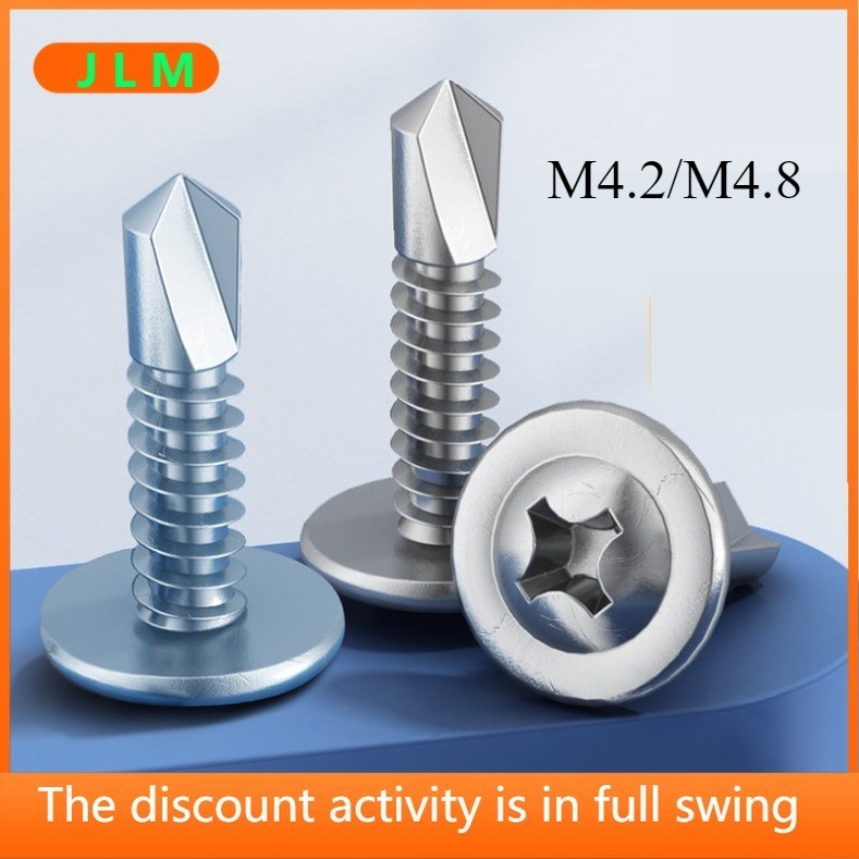 ((JLML) M4.2/m4.8 หัวกลมสแตนเลสพร้อมแผ่นสกรูแตะตัวเองขนาดใหญ่หัวแบนเจาะสกรูหางแผ่นเหล็กสกรูเฟอร์นิเจอร์สลักเกลียว