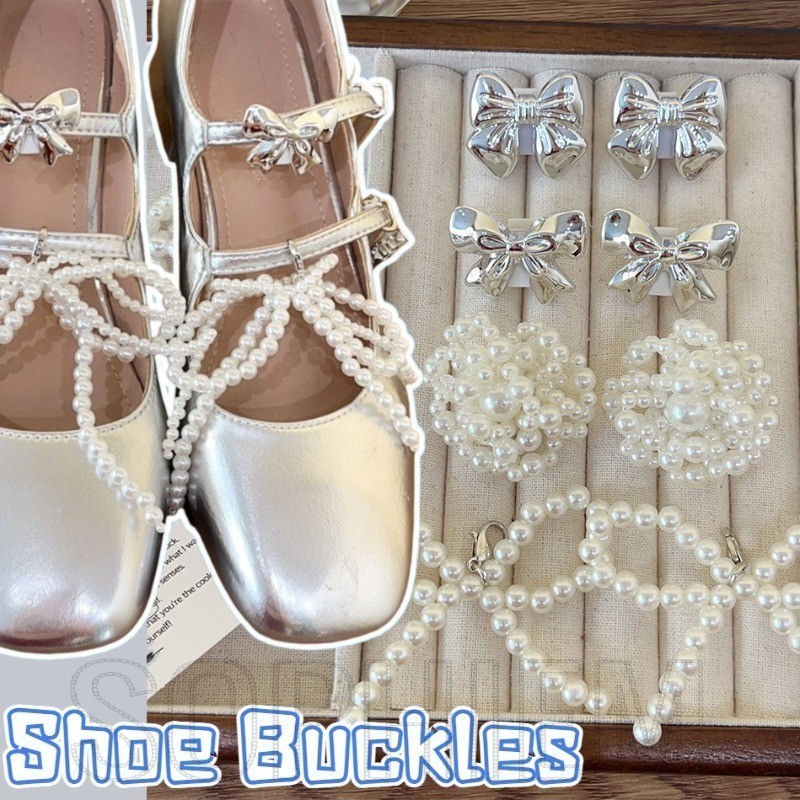 2 ชิ้น Pearls Bow รองเท้าหัวเข็มขัด - เกาหลี INS สไตล์, แฟชั่น, หวาน - โลหะกุ้งก้ามกราม - อุปกรณ์ตกแต่งรองเท้า - พวงกุญแจลูกปัดมุก
