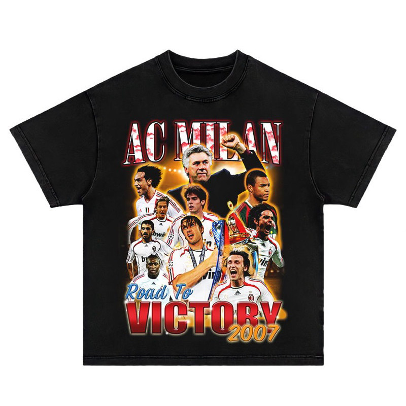 เสื้อยืดผ้าฝ้ายแท้💖tshirt oversize ac milan football retro bootleg black S-5XL