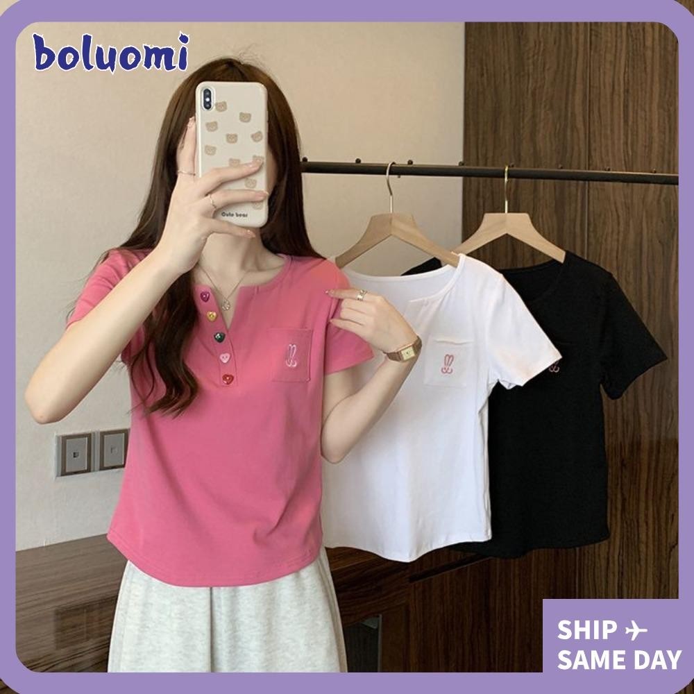 เสื้อยืดผู้หญิง โบลูโอมิ,สไตล์เรียบง่ายปุ่มด้านหน้าแขนสั้น,แฟชั่นซอกขนาดเล็กระบายอากาศคอวีสั้นด้านบน