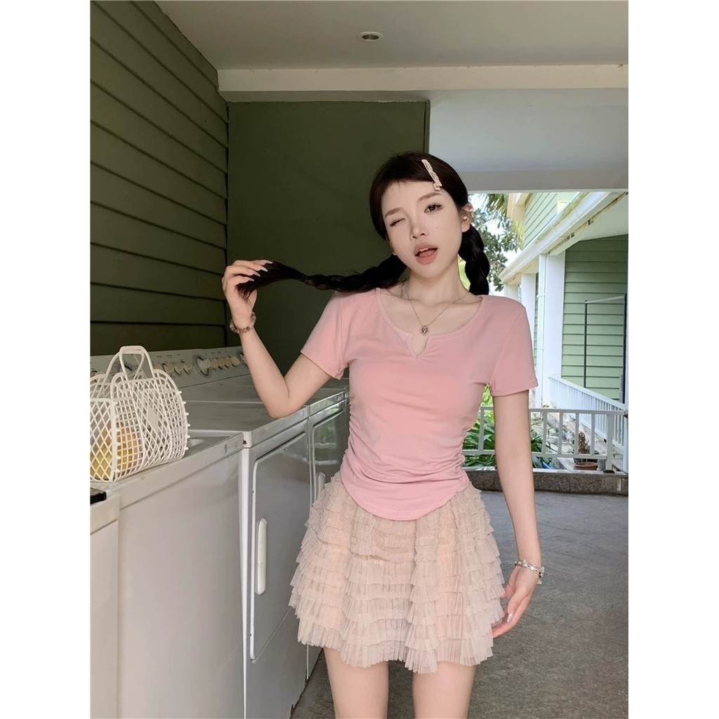 Firewire🔥พร้อมส่ง🔥เวอร์ชั่นเกาหลีสีทึบน่ารักแขนสั้นเสื้อยืดคอวีฟองน้ำเกาหลี "FY5023-S"