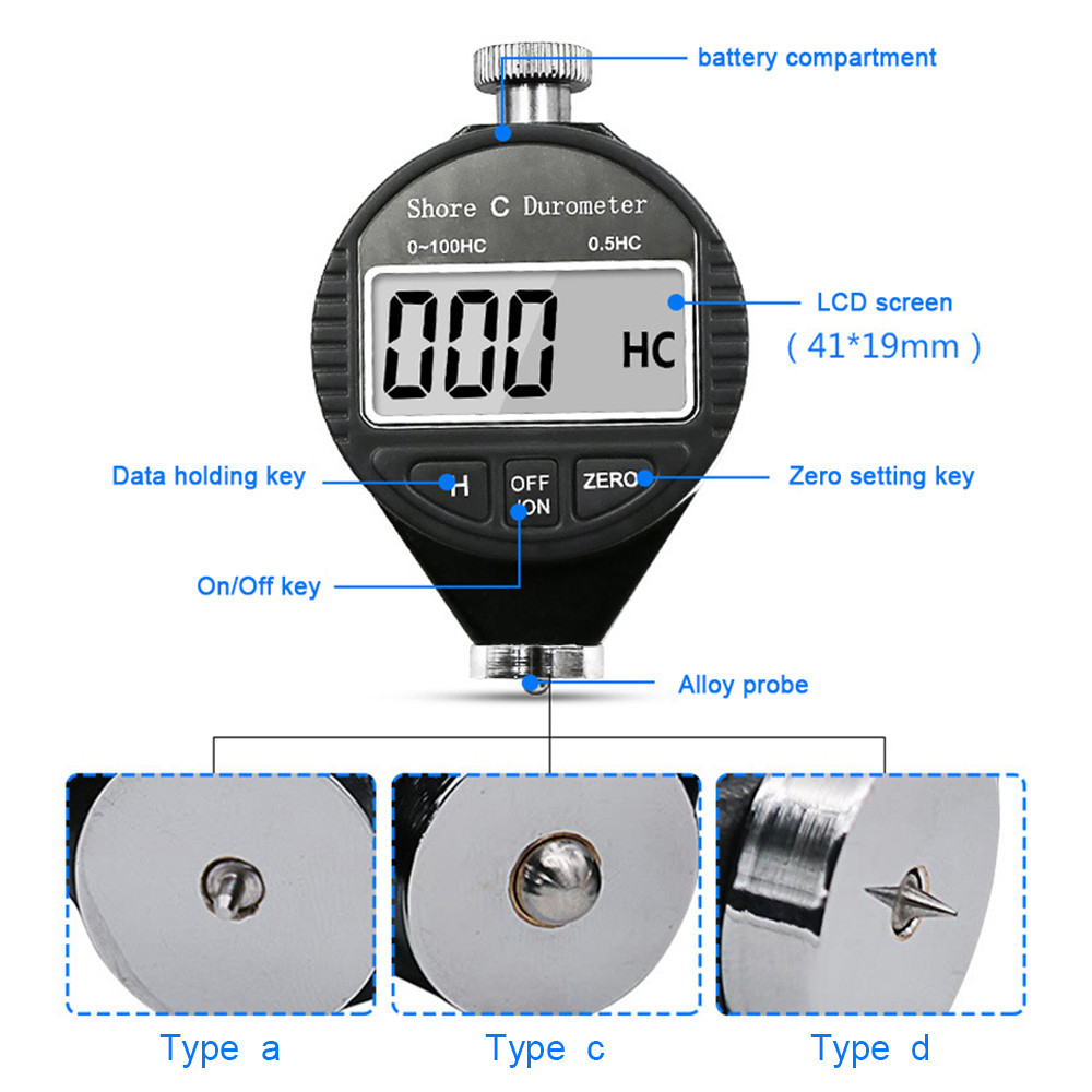 Shore A / CD Hardness Tester ยางพลาสติกยางซิลิโคนเครื่องมือทดสอบดิจิตอล Durometer จอแสดงผล LCD 0-100
