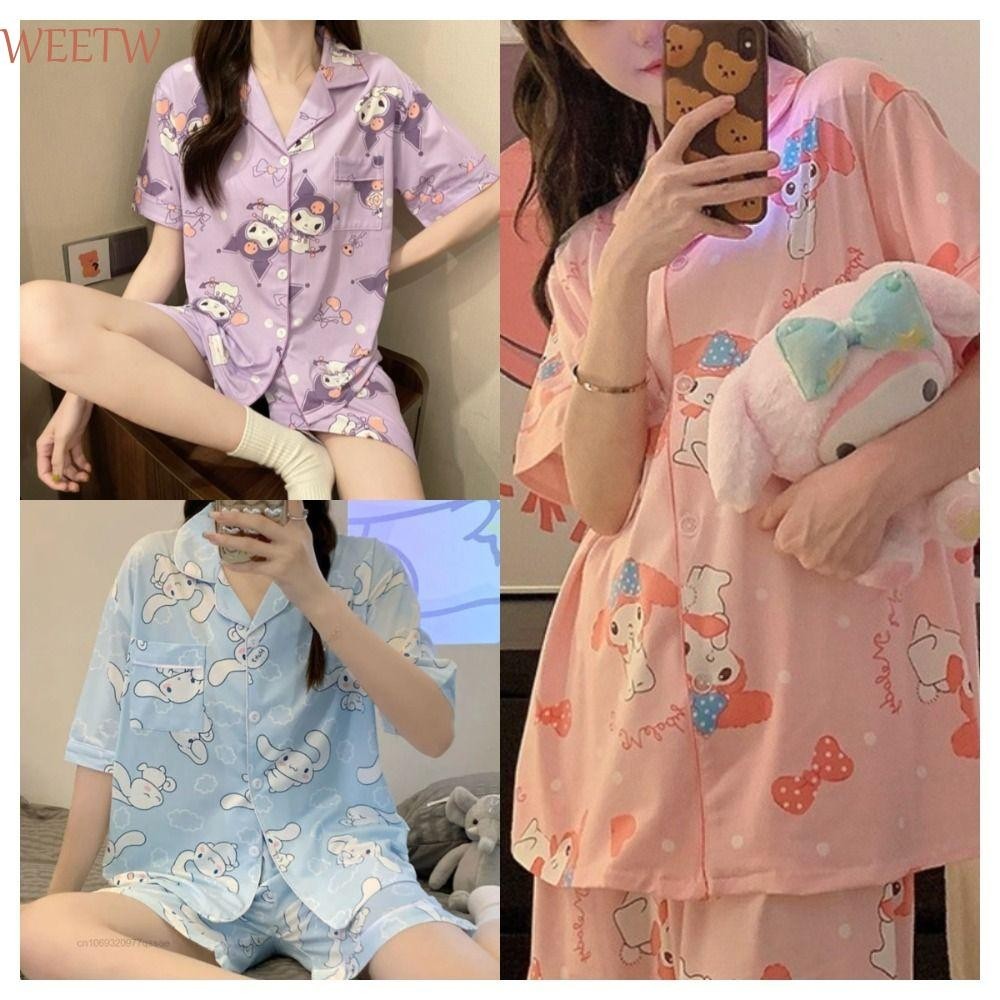 Weekw Kuromi Cinnamoroll ชุดนอนฤดูร้อน, T เสื้อกางเกงขาสั้นชุด Candy สี Kuromi ชุดนอนแขนสั้นชุด, สวมใส่ชุด V คอหลวมผู้หญิงการ์ตูนชุดนอนเสื้อผ้า