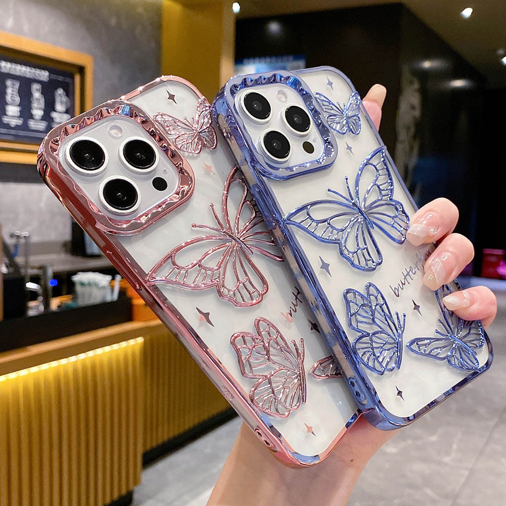 3d ผีเสื้อโปร่งใสหรูหราสําหรับ iPhone 16 15 14 13 12 Pro Max 12Pro 13Pro 11 11ProMax Soft TPU Electroplated โทรศัพท์ปกหลัง
