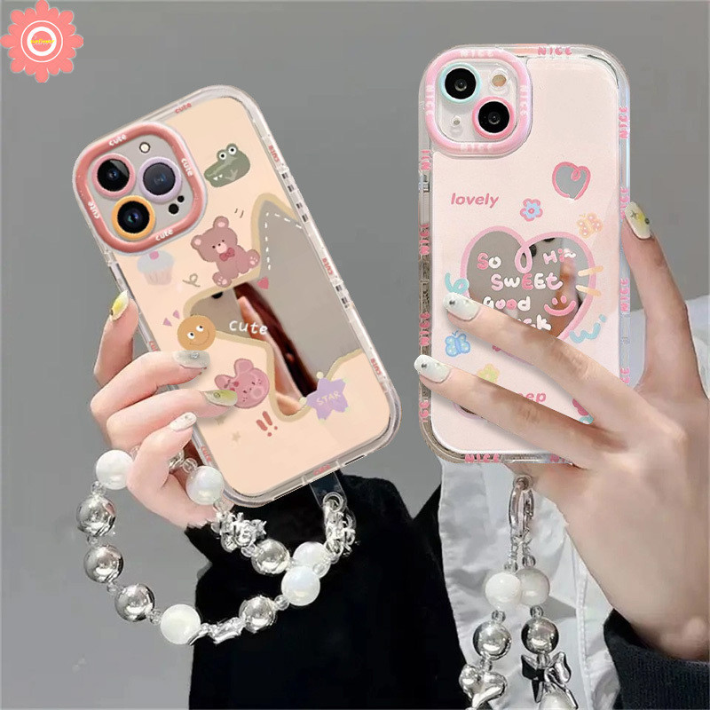 ดอกไม้ที่มีสีสันน่ารักหมีกระต่าย Creative Love Heart สําหรับ Redmi 13C 9A 10A A3 12C 12 9C NFC หมายเหตุ 11 13 8 12 9s 10 9 Pro Max Poco C65 M6 X6 C55 Pro สร้อยข้อมือกระจก Make Up กรณี