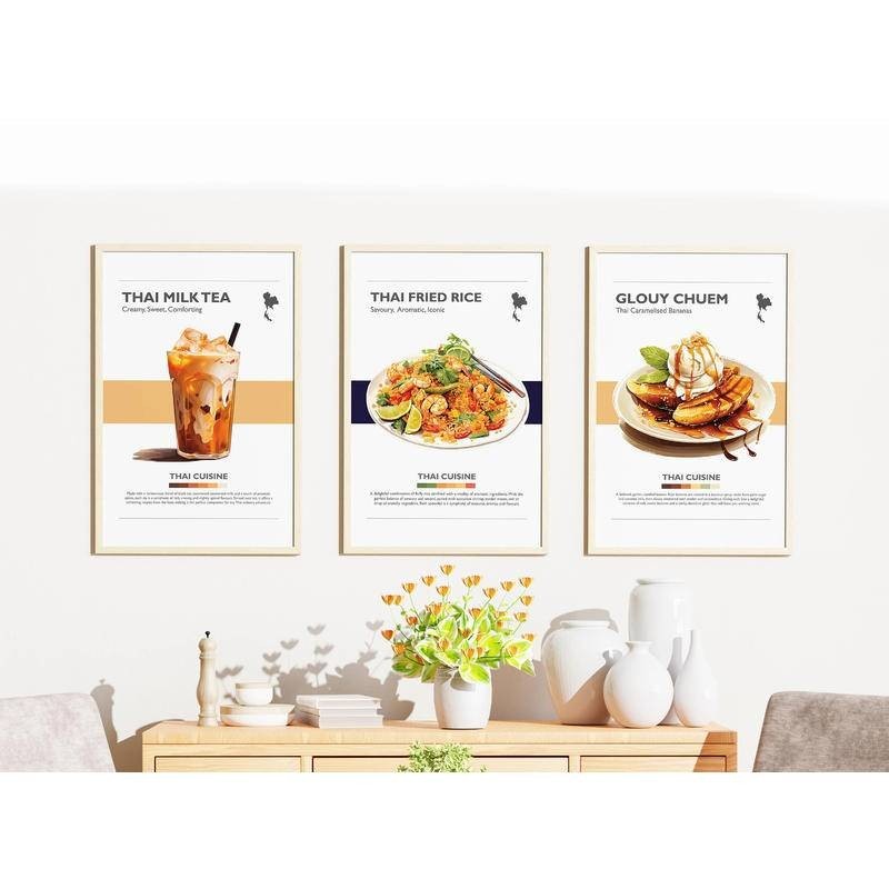 Thai food Poster Thailand canvas Prints Caramelised Bananas, Milk Tea, Fried Rice Wall Art decor