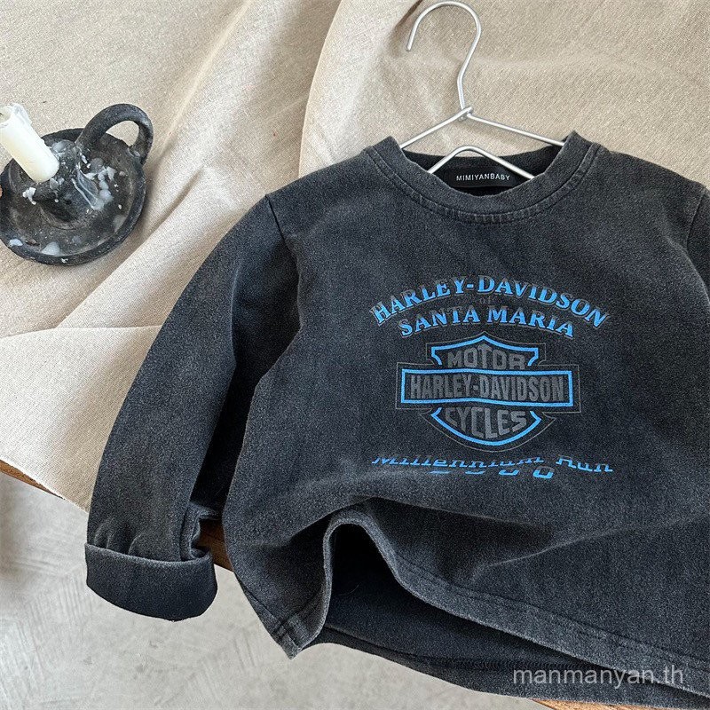 เสื้อยืดแขนยาวรุ่นใหม่ฤดูใบไม้ผลิและฤดูใบไม้ร่วงเสื้อตัวในพิมพ์ลายวินเทจแบบบางสำหรับเด็กชายและเด็กหญิง