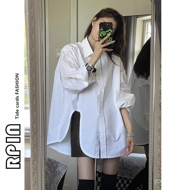 ชุดเสื้อเชิ้ตแขนยาวสีขาวเรียบง่ายสำหรับผู้หญิง สไตล์เกาหลี เสื้อเชิ้ตหลวมสบาย