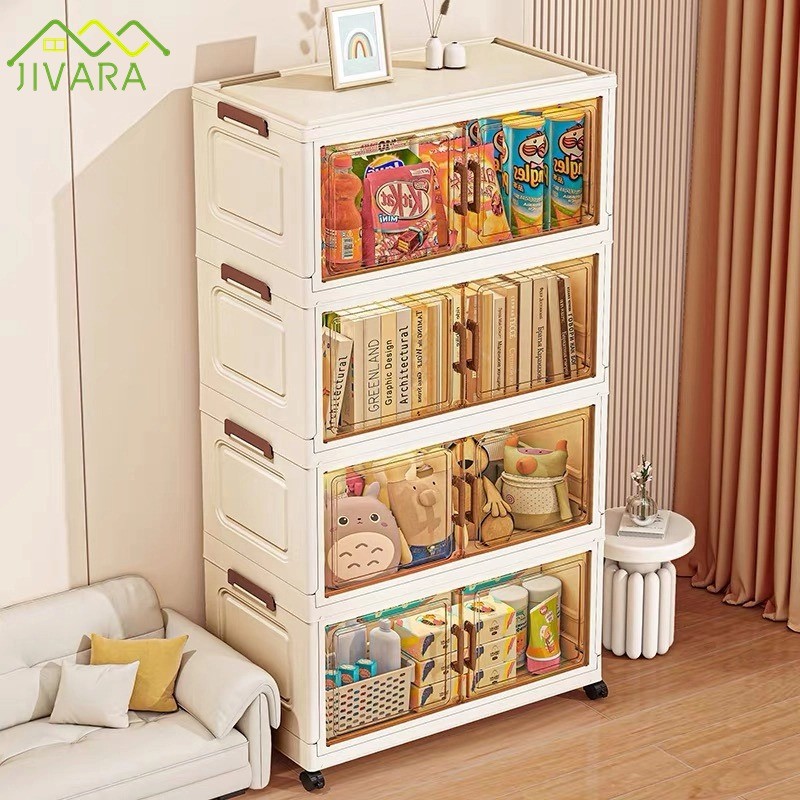JIVARA ตู้เก็บของพลาสติกใส ตู้เก็บของแบบพับได้ มีล้อเลื่อน ติดตั้งง่าย เหมาะสำหรับแม่และเด็ก