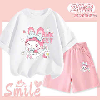 ชุดเด็กผู้หญิง My Melody แขนสั้นสองชิ้นที่มีสไตล์ ชุดใหม่ฤดูร้อนน่ารัก