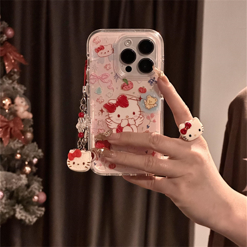 Huiwanju สีแดง apple angel KT สําหรับ iPhone16promax โทรศัพท์มือถือกรณี 16 ใหม่ i15pro การ์ตูน 14pm จี้ 13 anti-drop 15 น่ารัก 12 กรณีป้องกัน