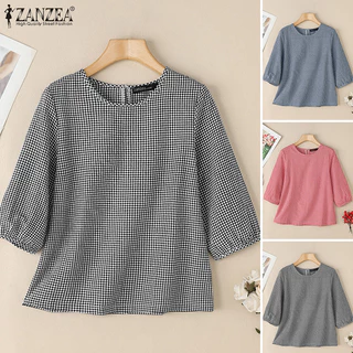 ZANZEA ซานเซีย ผู้หญิงเกาหลีวินเทจคอกลม3/4แขนโคมไฟเสื้อลายสก๊อต