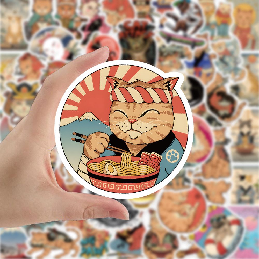 ✨พร้อมส่ง✨samurai cat ดอกซากุระ ภูเขาฟูจิ ซูชิ ญี่ปุ่น Japan 50แผ่น สติ๊กเกอร์ Sticker แมวญี่ปุ่น
