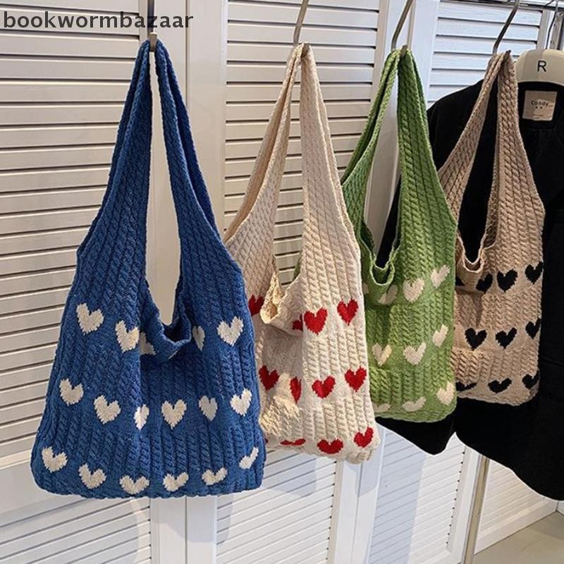 [BOK] Love Heart Graphic ถัก Tote Bag แฟชั่นทอกระเป๋าสะพายความงามโครเชต์กระเป๋าสําหรับผู้หญิง [TH]