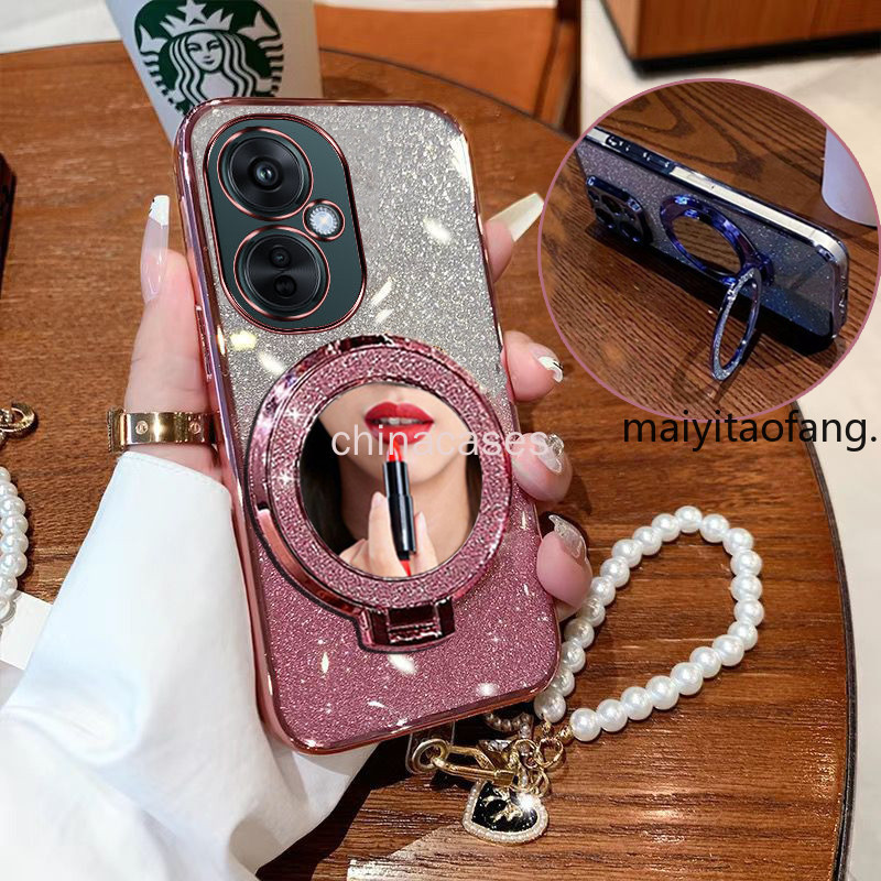 สําหรับ Oneplus nord CE 3 lite CE 4 5G วงเล็บแม่เหล็กหรูหรา TPU แฟลชนุ่มกระจกแต่งหน้า + สร้อยข้อมือเคสโทรศัพท์