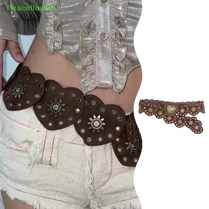 Peacellow เข็มขัดหัวใจคุณภาพสูง Retro เข็มขัดหัวเข็มขัดหัวใจขนาดใหญ่เข็มขัดผู้หญิง Western Denim กว้าง Rivets Steampunk เข็มขัดตกแต่ง TH