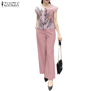 ZANZEA ซานเซีย ผู้หญิงลําลองคอกลมพิมพ์ลายเสื้อแขนสั้นและกางเ…